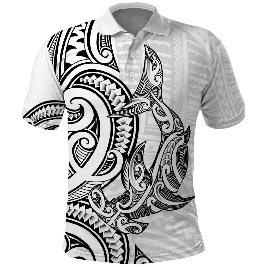 New Zealand Hammerhead Shark Polo Shirt Maori Haehae Mangopare White LT14 White - Polynesian Pride