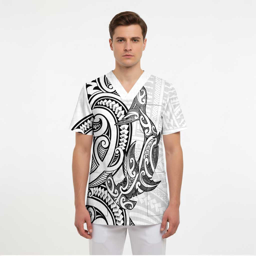 New Zealand Hammerhead Shark Scrub Top Maori Haehae Mangopare White - Polynesian Pride