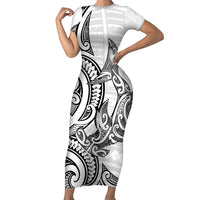 New Zealand Hammerhead Shark Short Sleeve Bodycon Dress Maori Haehae Mangopare White - Polynesian Pride