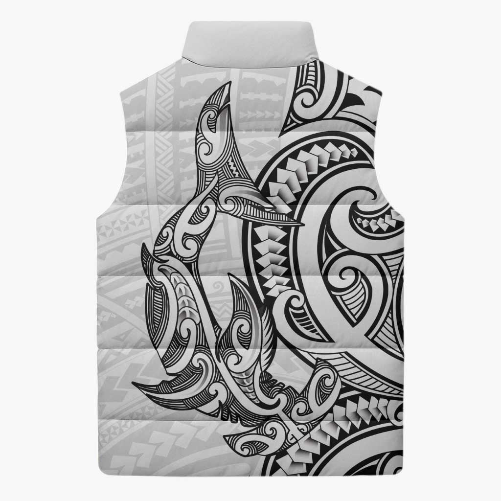 New Zealand Hammerhead Shark Sleeveless Puffer Jacket Maori Haehae Mangopare White - Polynesian Pride