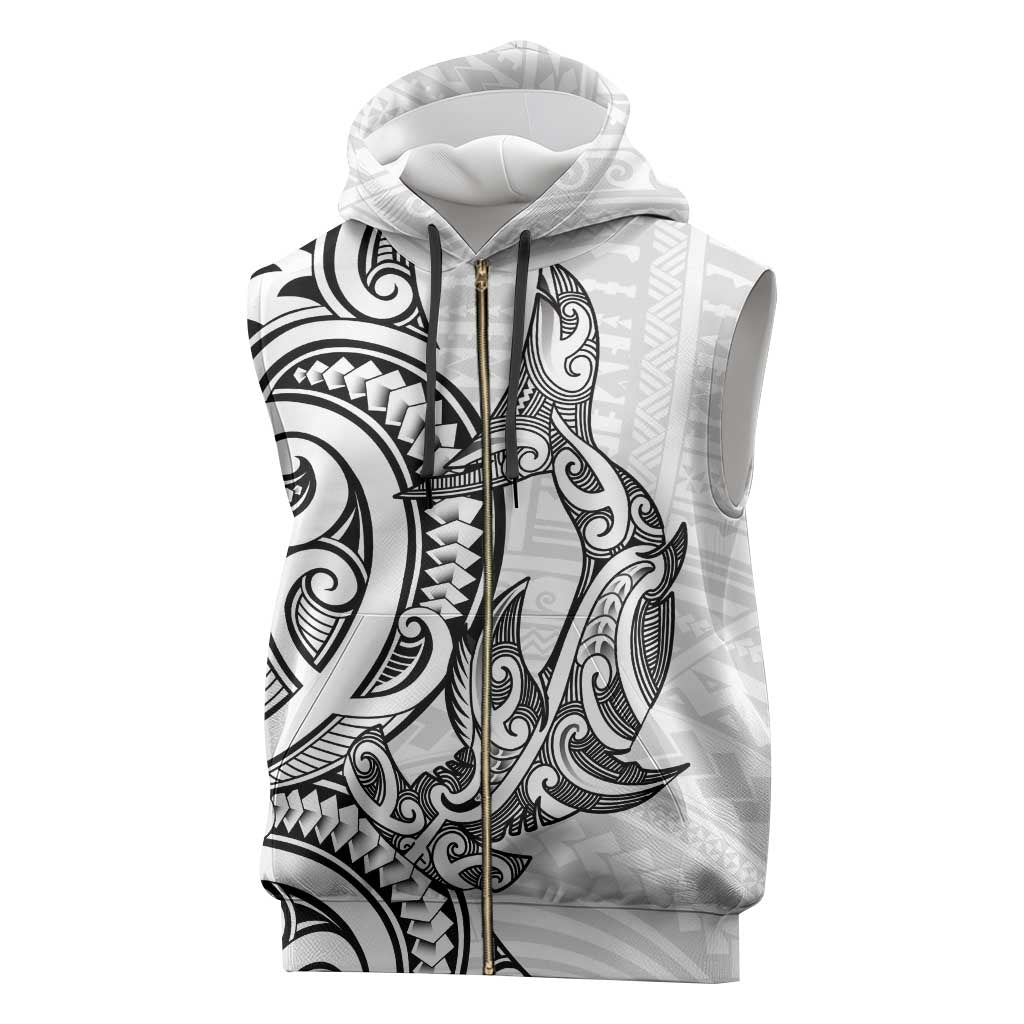 New Zealand Hammerhead Shark Sleeveless Zip Hoodie Maori Haehae Mangopare White - Polynesian Pride