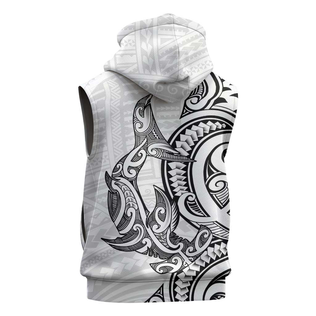 New Zealand Hammerhead Shark Sleeveless Zip Hoodie Maori Haehae Mangopare White - Polynesian Pride