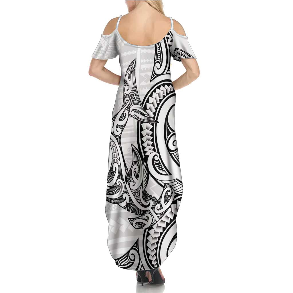 New Zealand Hammerhead Shark Summer Maxi Dress Maori Haehae Mangopare White - Polynesian Pride
