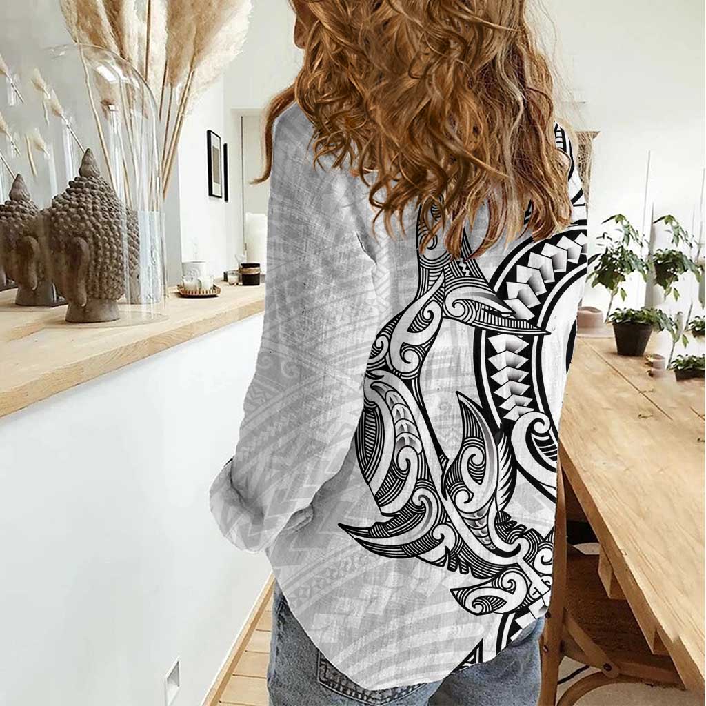 New Zealand Hammerhead Shark Women Casual Shirt Maori Haehae Mangopare White - Polynesian Pride