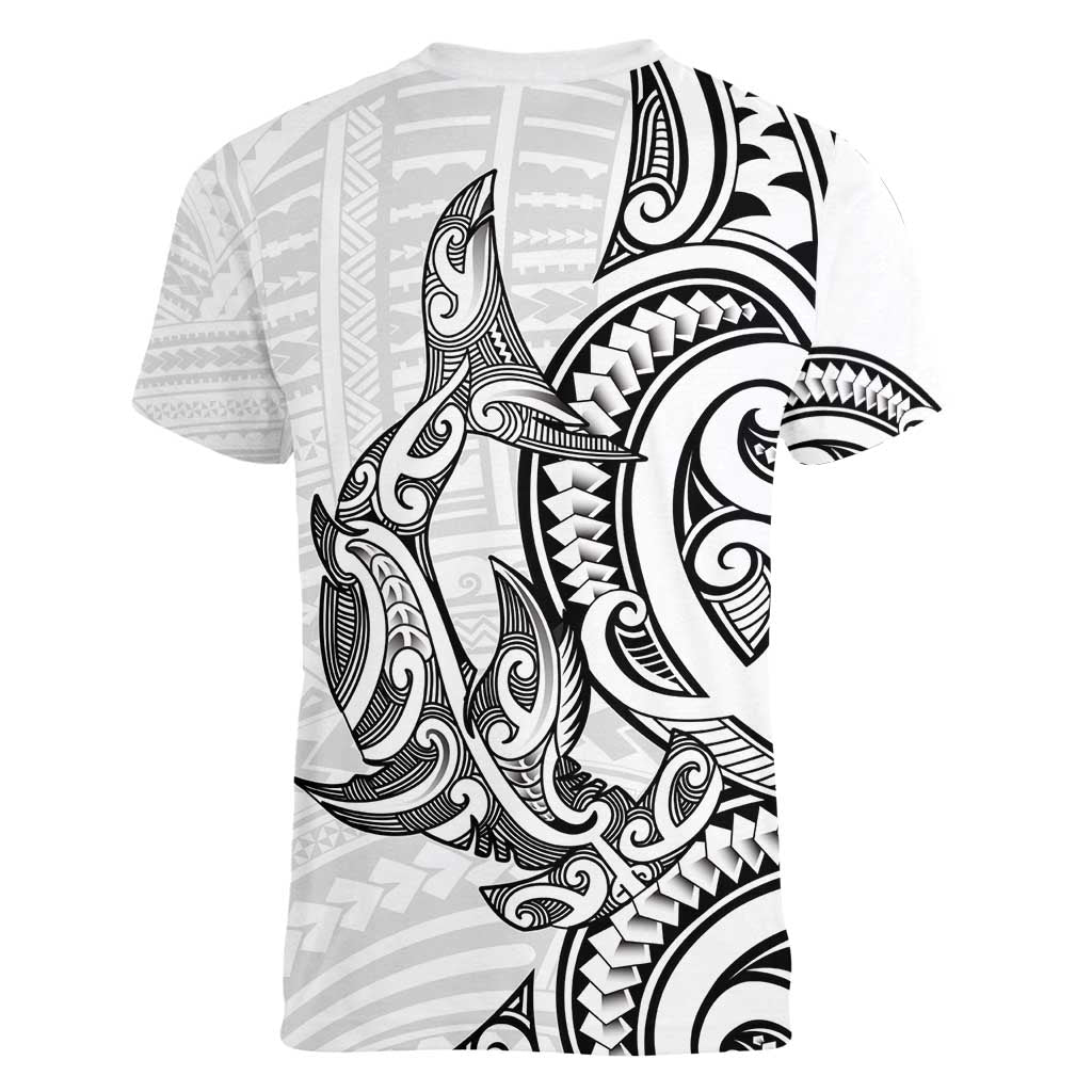 New Zealand Hammerhead Shark Women V-Neck T-Shirt Maori Haehae Mangopare White - Polynesian Pride