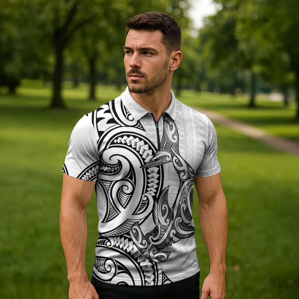 New Zealand Hammerhead Shark Zipper Polo Shirt Maori Haehae Mangopare White - Polynesian Pride