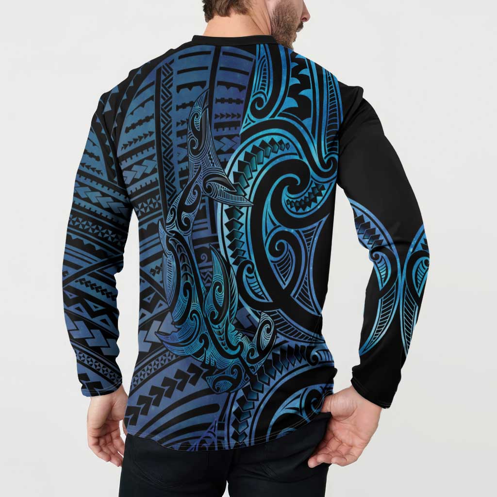 New Zealand Hammerhead Shark Button Sweatshirt Maori Haehae Mangopare Galaxy - Polynesian Pride