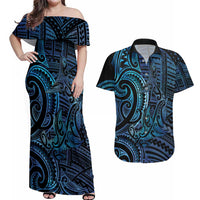 New Zealand Hammerhead Shark Couples Matching Off Shoulder Maxi Dress and Hawaiian Shirt Maori Haehae Mangopare Galaxy - Polynesian Pride