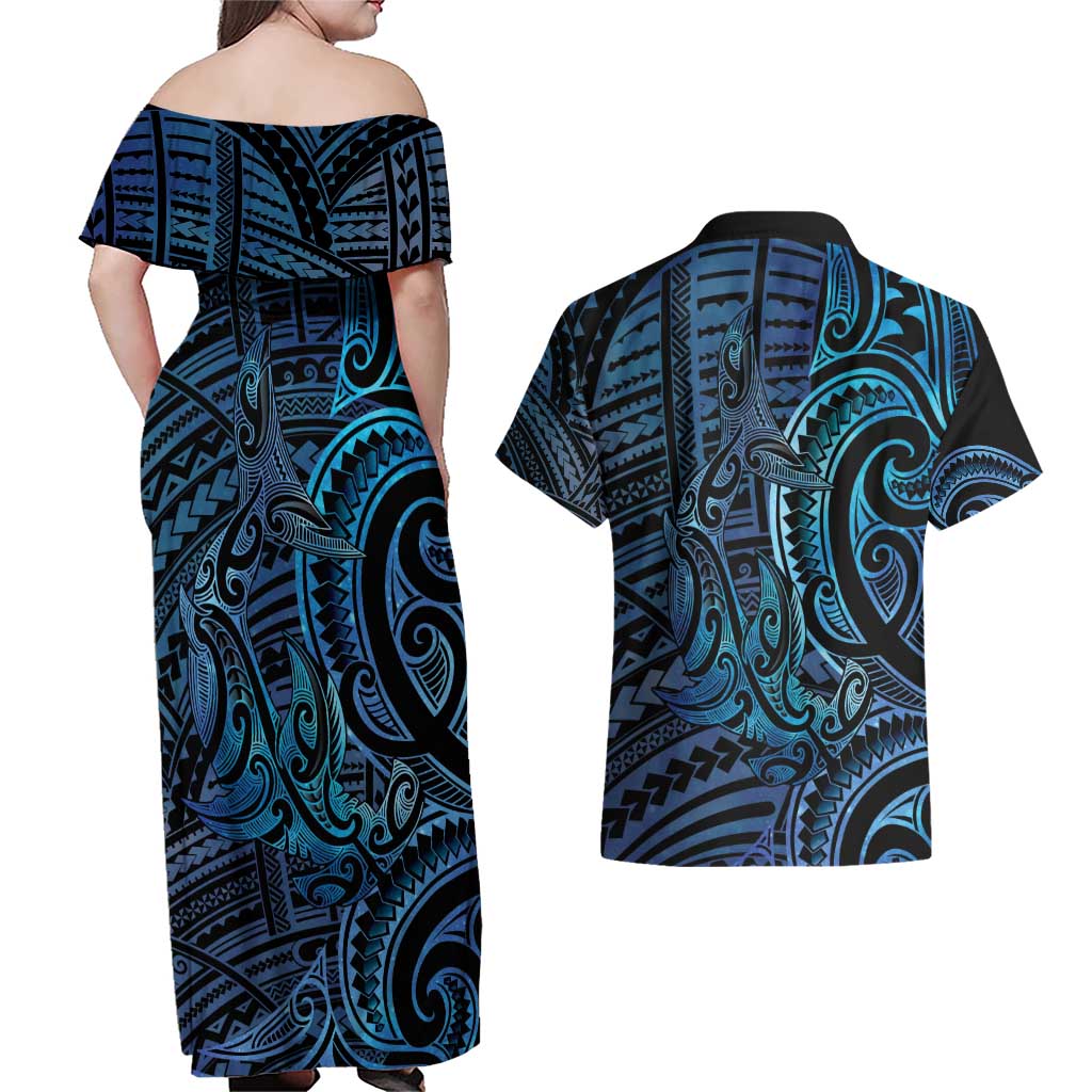 New Zealand Hammerhead Shark Couples Matching Off Shoulder Maxi Dress and Hawaiian Shirt Maori Haehae Mangopare Galaxy - Polynesian Pride