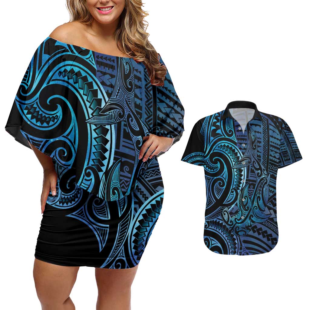 New Zealand Hammerhead Shark Couples Matching Off Shoulder Short Dress and Hawaiian Shirt Maori Haehae Mangopare Galaxy - Polynesian Pride