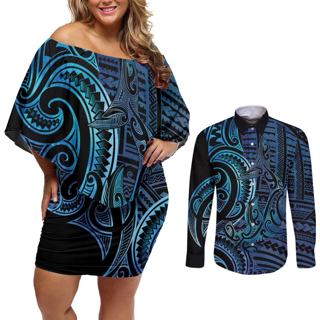 New Zealand Hammerhead Shark Couples Matching Off Shoulder Short Dress and Long Sleeve Button Shirt Maori Haehae Mangopare Galaxy - Polynesian Pride