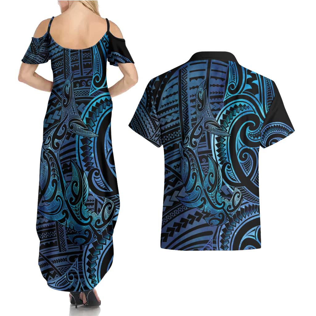 New Zealand Hammerhead Shark Couples Matching Summer Maxi Dress and Hawaiian Shirt Maori Haehae Mangopare Galaxy - Polynesian Pride