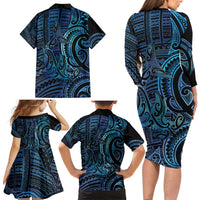 New Zealand Hammerhead Shark Family Matching Long Sleeve Bodycon Dress and Hawaiian Shirt Maori Haehae Mangopare Galaxy - Polynesian Pride