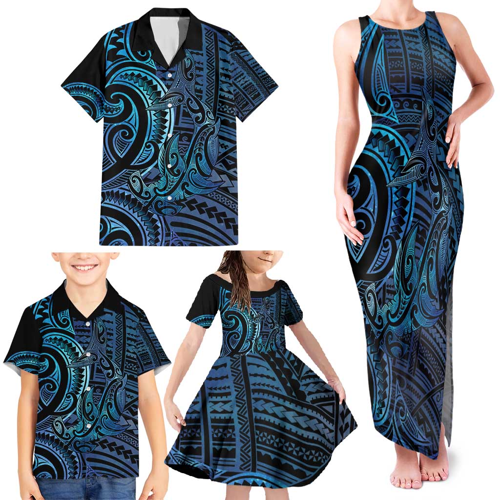 New Zealand Hammerhead Shark Family Matching Tank Maxi Dress and Hawaiian Shirt Maori Haehae Mangopare Galaxy - Polynesian Pride