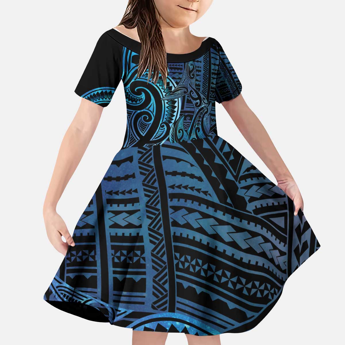 New Zealand Hammerhead Shark Kid Short Sleeve Dress Maori Haehae Mangopare Galaxy - Polynesian Pride