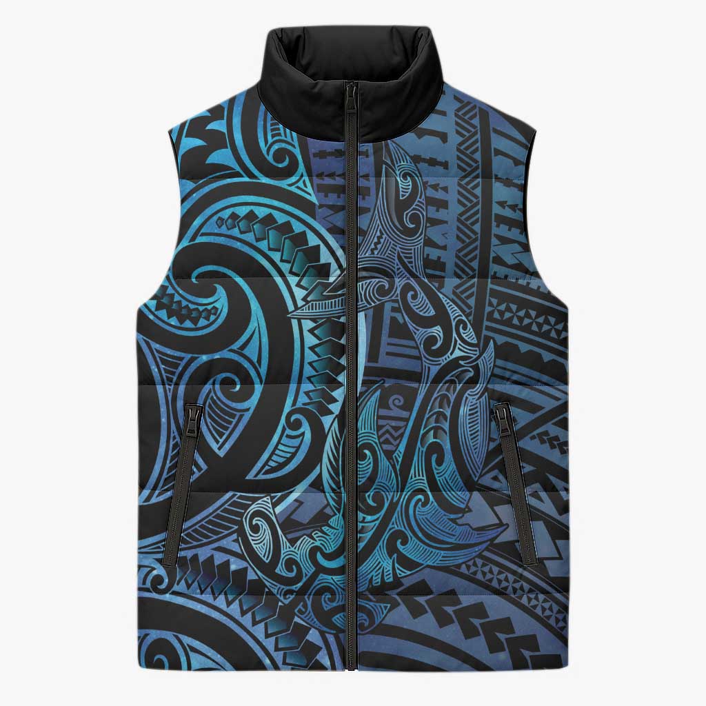 New Zealand Hammerhead Shark Sleeveless Puffer Jacket Maori Haehae Mangopare Galaxy - Polynesian Pride