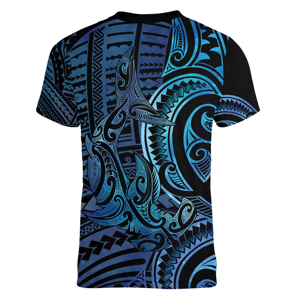 New Zealand Hammerhead Shark Women V-Neck T-Shirt Maori Haehae Mangopare Galaxy - Polynesian Pride
