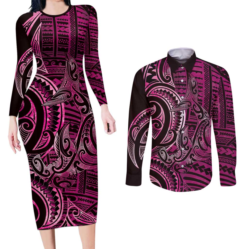 New Zealand Hammerhead Shark Couples Matching Long Sleeve Bodycon Dress and Long Sleeve Button Shirt Maori Haehae Mangopare Pink - Polynesian Pride