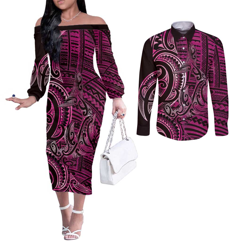New Zealand Hammerhead Shark Couples Matching Off The Shoulder Long Sleeve Dress and Long Sleeve Button Shirt Maori Haehae Mangopare Pink - Polynesian Pride