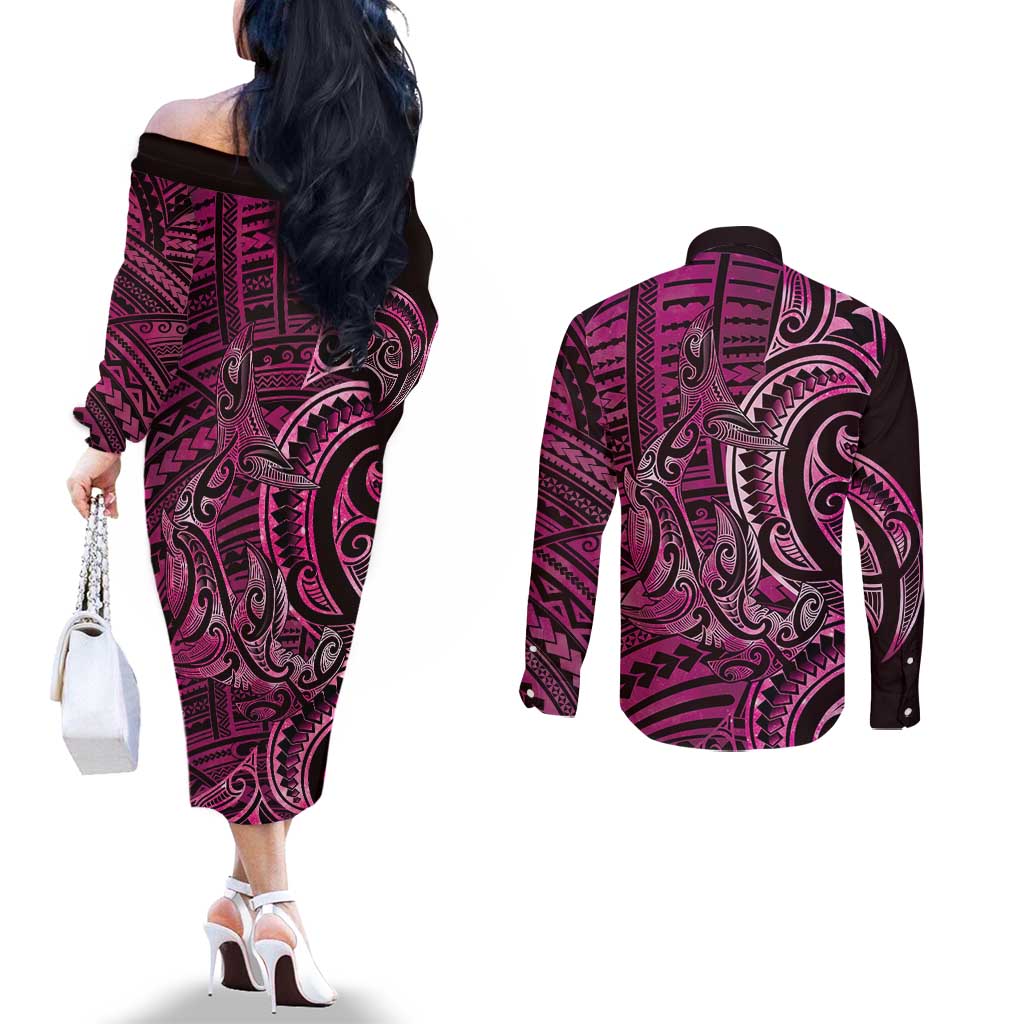 New Zealand Hammerhead Shark Couples Matching Off The Shoulder Long Sleeve Dress and Long Sleeve Button Shirt Maori Haehae Mangopare Pink - Polynesian Pride