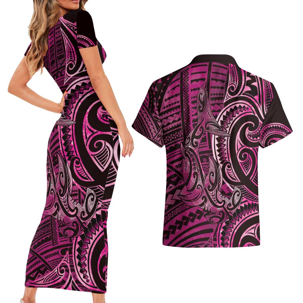 New Zealand Hammerhead Shark Couples Matching Short Sleeve Bodycon Dress and Hawaiian Shirt Maori Haehae Mangopare Pink - Polynesian Pride