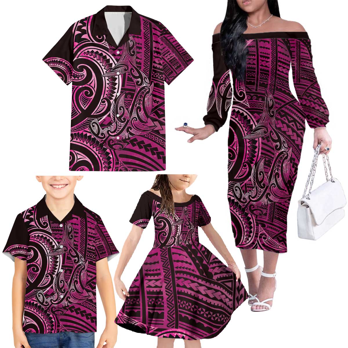 New Zealand Hammerhead Shark Family Matching Off The Shoulder Long Sleeve Dress and Hawaiian Shirt Maori Haehae Mangopare Pink - Polynesian Pride