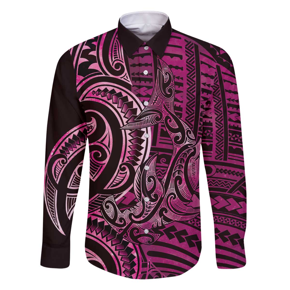 New Zealand Hammerhead Shark Family Matching Off The Shoulder Long Sleeve Dress and Hawaiian Shirt Maori Haehae Mangopare Pink - Polynesian Pride