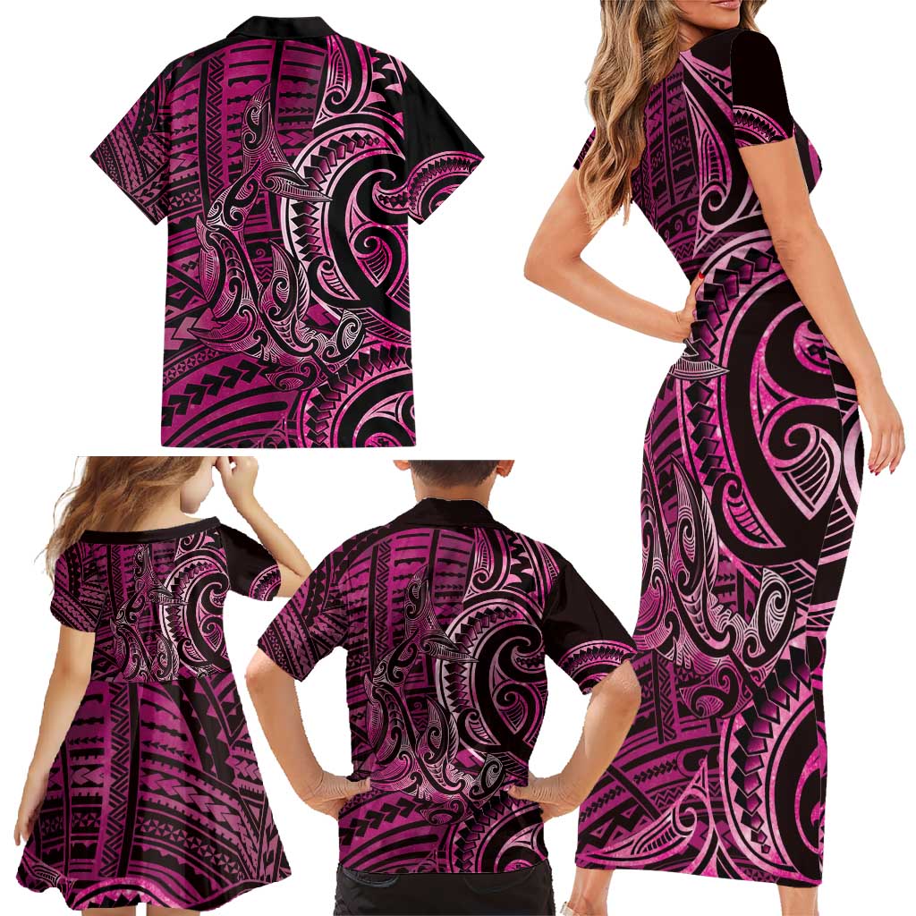 New Zealand Hammerhead Shark Family Matching Short Sleeve Bodycon Dress and Hawaiian Shirt Maori Haehae Mangopare Pink - Polynesian Pride