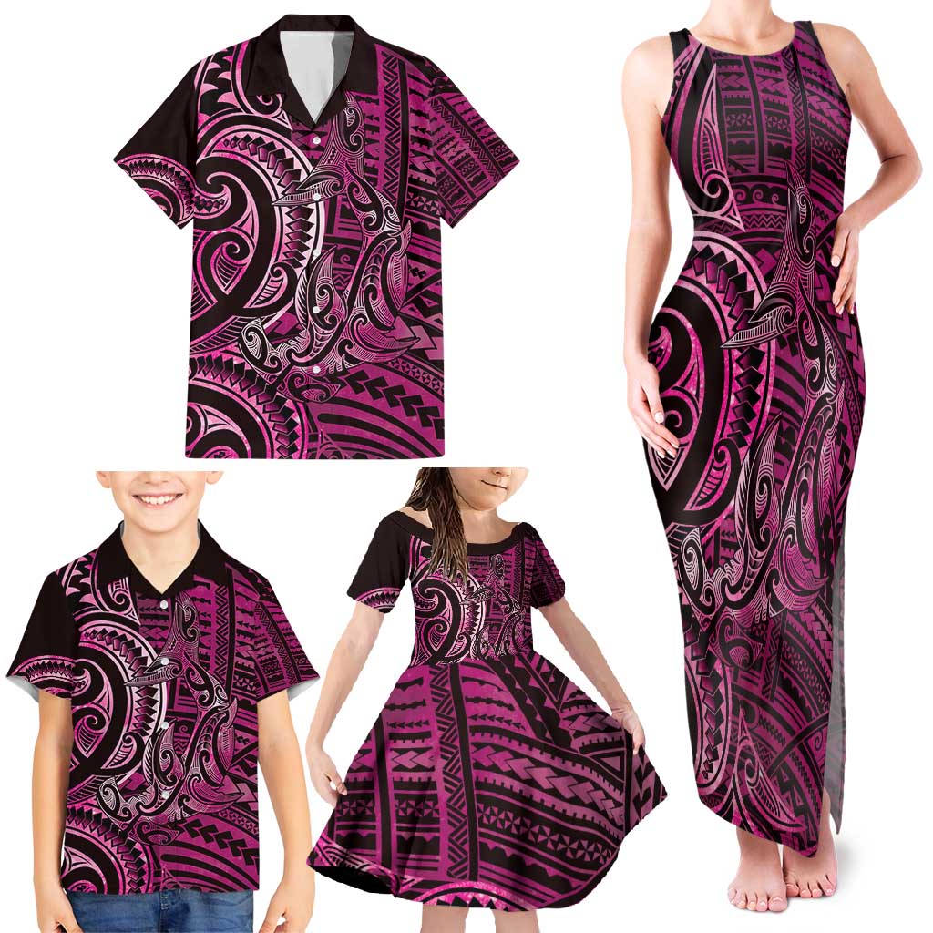 New Zealand Hammerhead Shark Family Matching Tank Maxi Dress and Hawaiian Shirt Maori Haehae Mangopare Pink - Polynesian Pride
