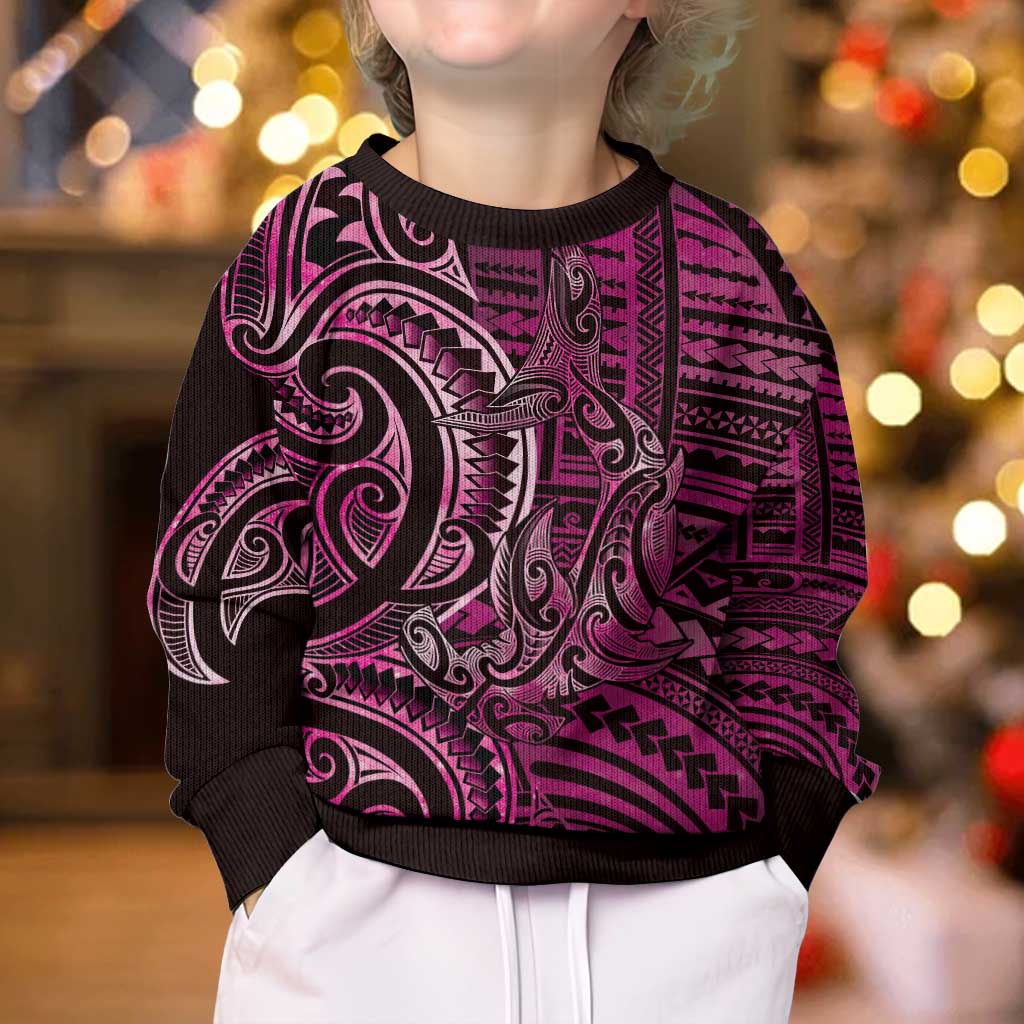 New Zealand Hammerhead Shark Kid Ugly Christmas Sweater Maori Haehae Mangopare Pink - Polynesian Pride