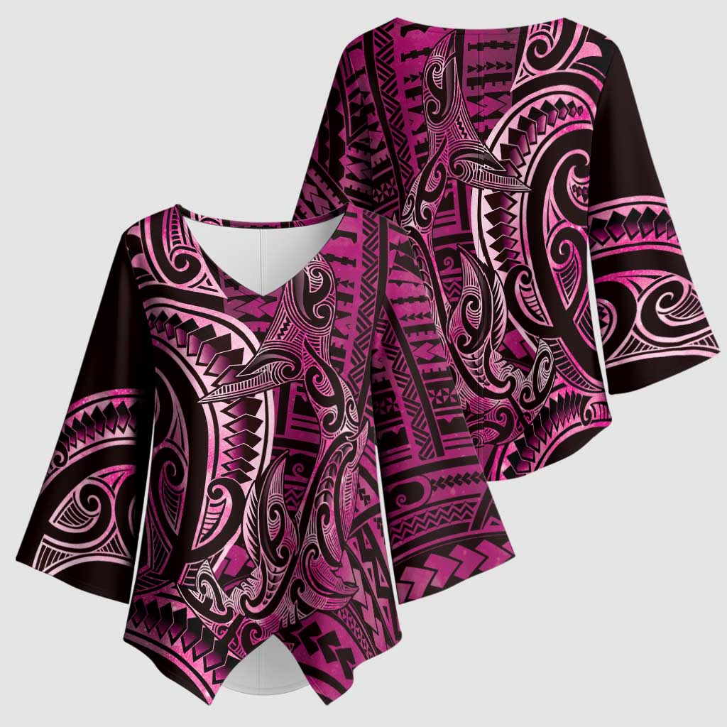 New Zealand Hammerhead Shark Kimono Sleeve Blouse Maori Haehae Mangopare Pink - Polynesian Pride