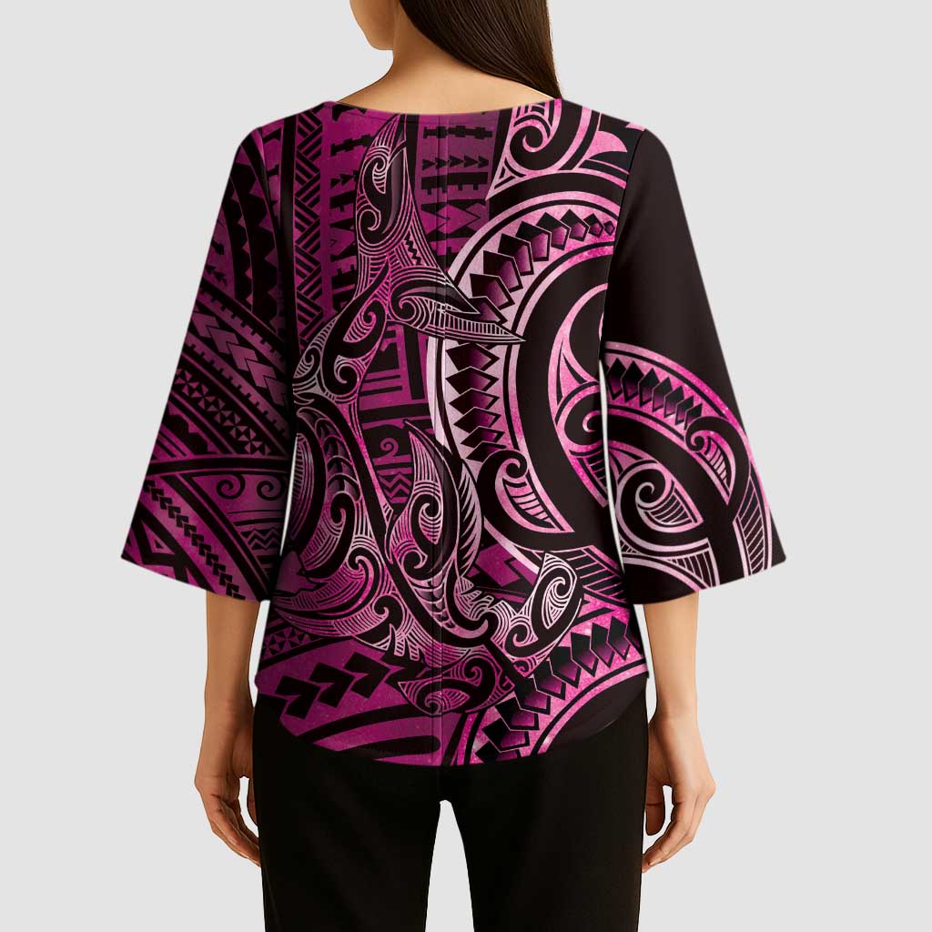 New Zealand Hammerhead Shark Kimono Sleeve Blouse Maori Haehae Mangopare Pink - Polynesian Pride