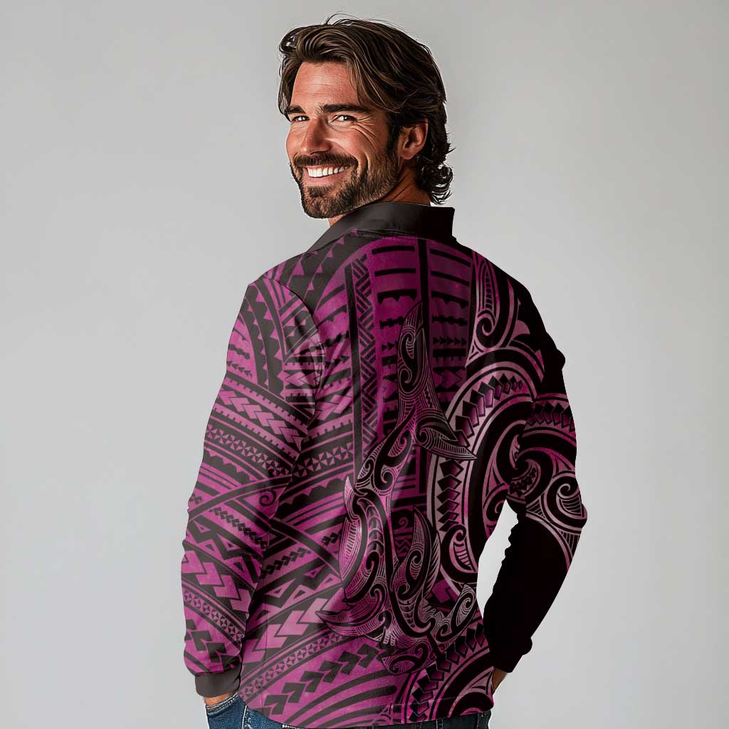 New Zealand Hammerhead Shark Long Sleeve Polo Shirt Maori Haehae Mangopare Pink - Polynesian Pride