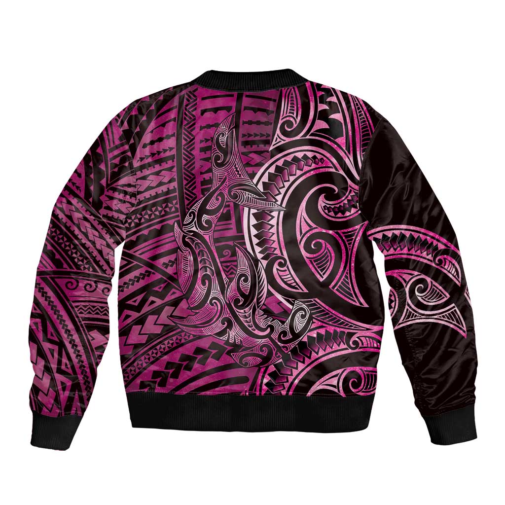 New Zealand Hammerhead Shark Sleeve Zip Bomber Jacket Maori Haehae Mangopare Pink - Polynesian Pride