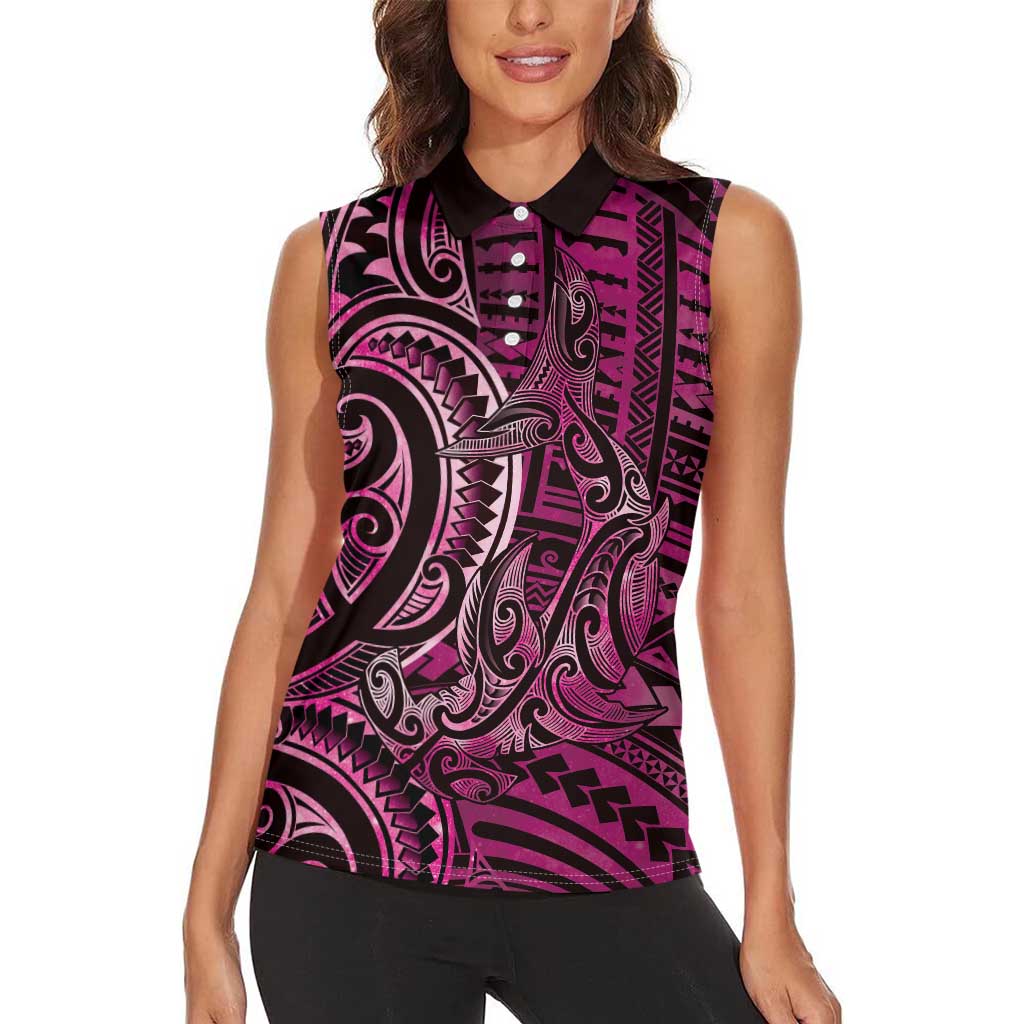 New Zealand Hammerhead Shark Women Sleeveless Polo Shirt Maori Haehae Mangopare Pink - Polynesian Pride