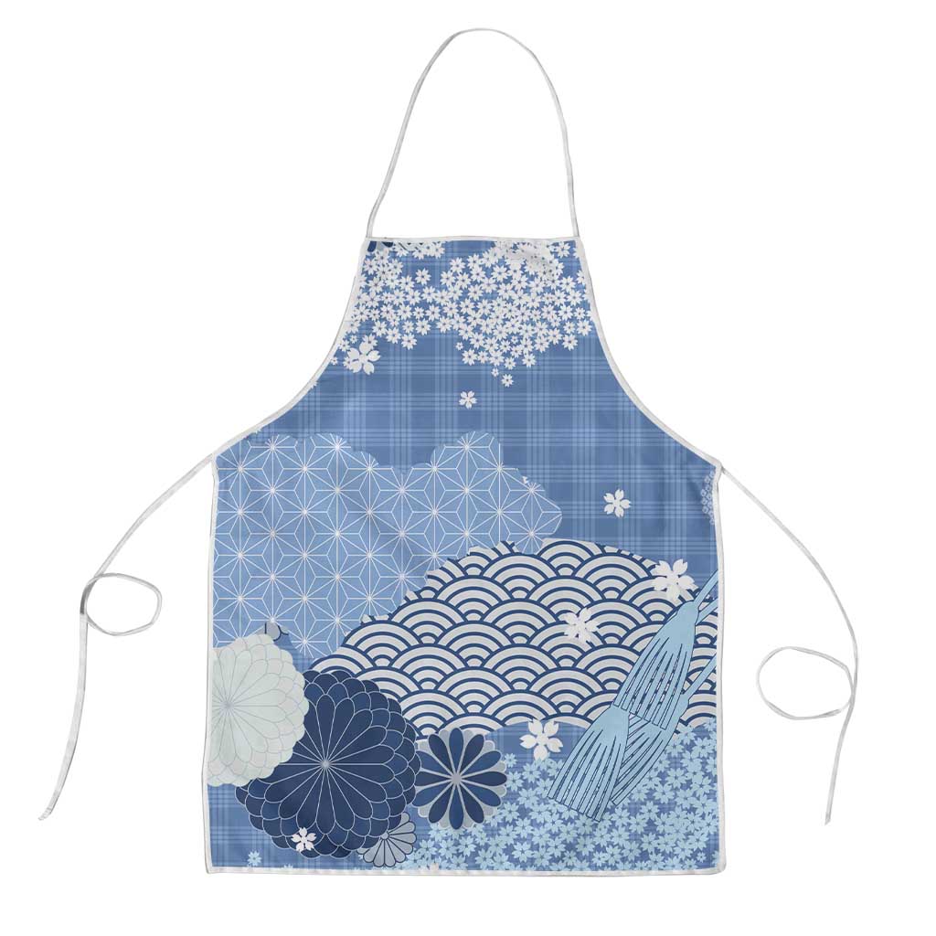 Blue Palaka Japanese Patterns Apron Asanoha Seigaiha Sakura Motif - Polynesian Pride