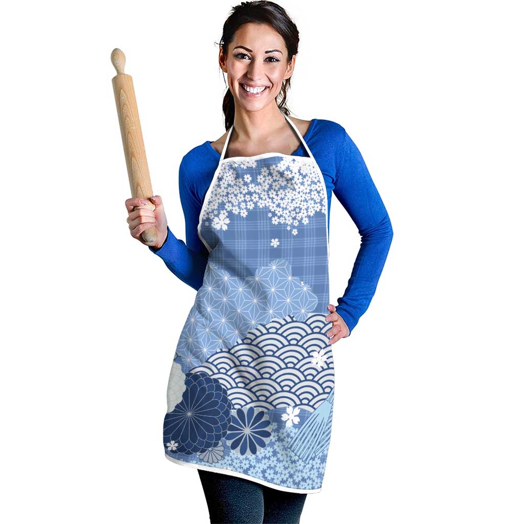 Blue Palaka Japanese Patterns Apron Asanoha Seigaiha Sakura Motif - Polynesian Pride