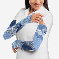 Blue Palaka Japanese Patterns Arm Sleeves Asanoha Seigaiha Sakura Motif - Polynesian Pride