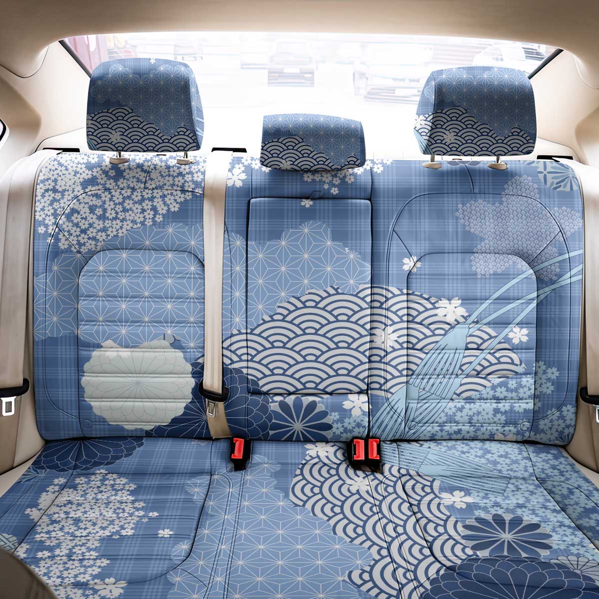 Blue Palaka Japanese Patterns Back Car Seat Cover Asanoha Seigaiha Sakura Motif - Polynesian Pride