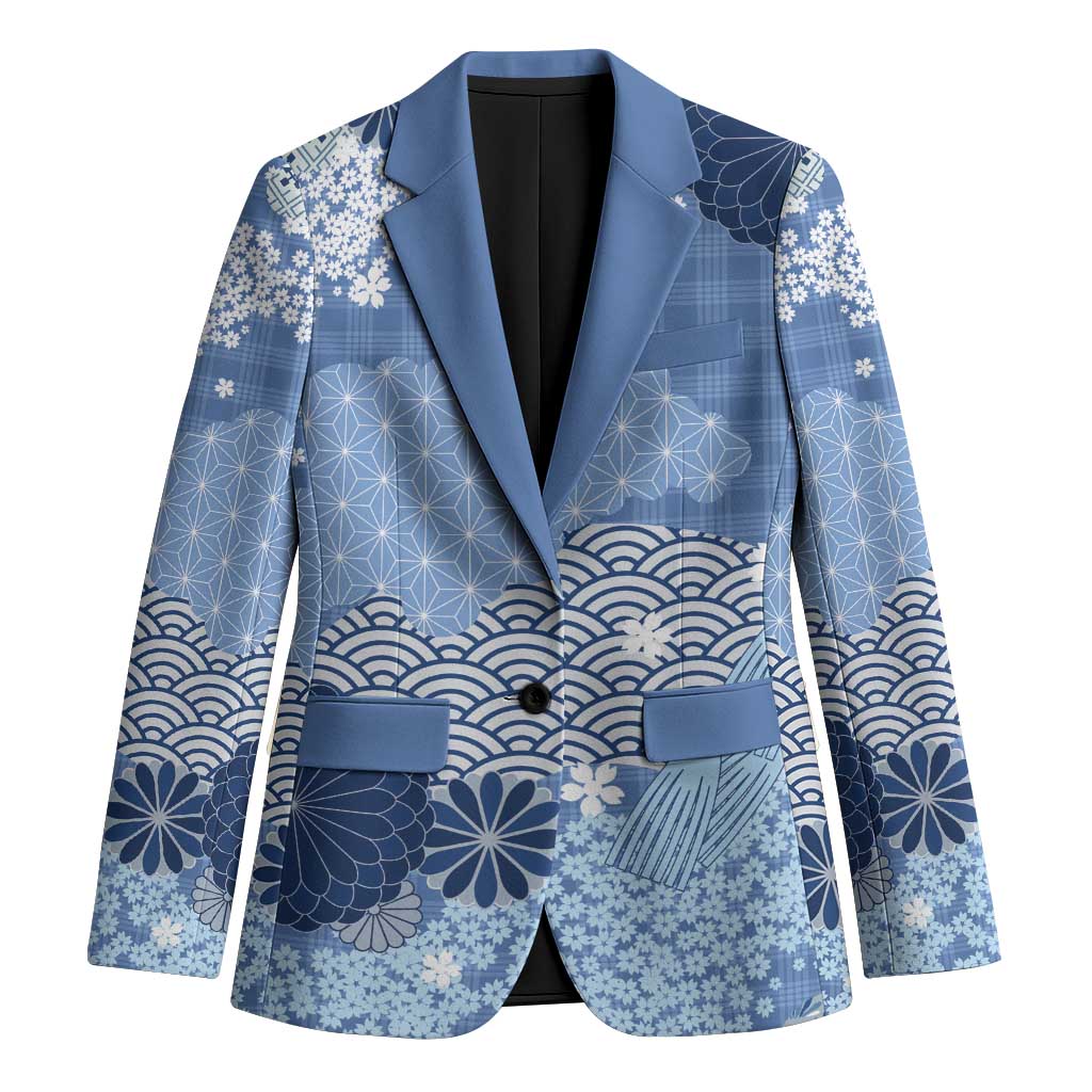Blue Palaka Japanese Patterns Blazer Asanoha Seigaiha Sakura Motif - Polynesian Pride