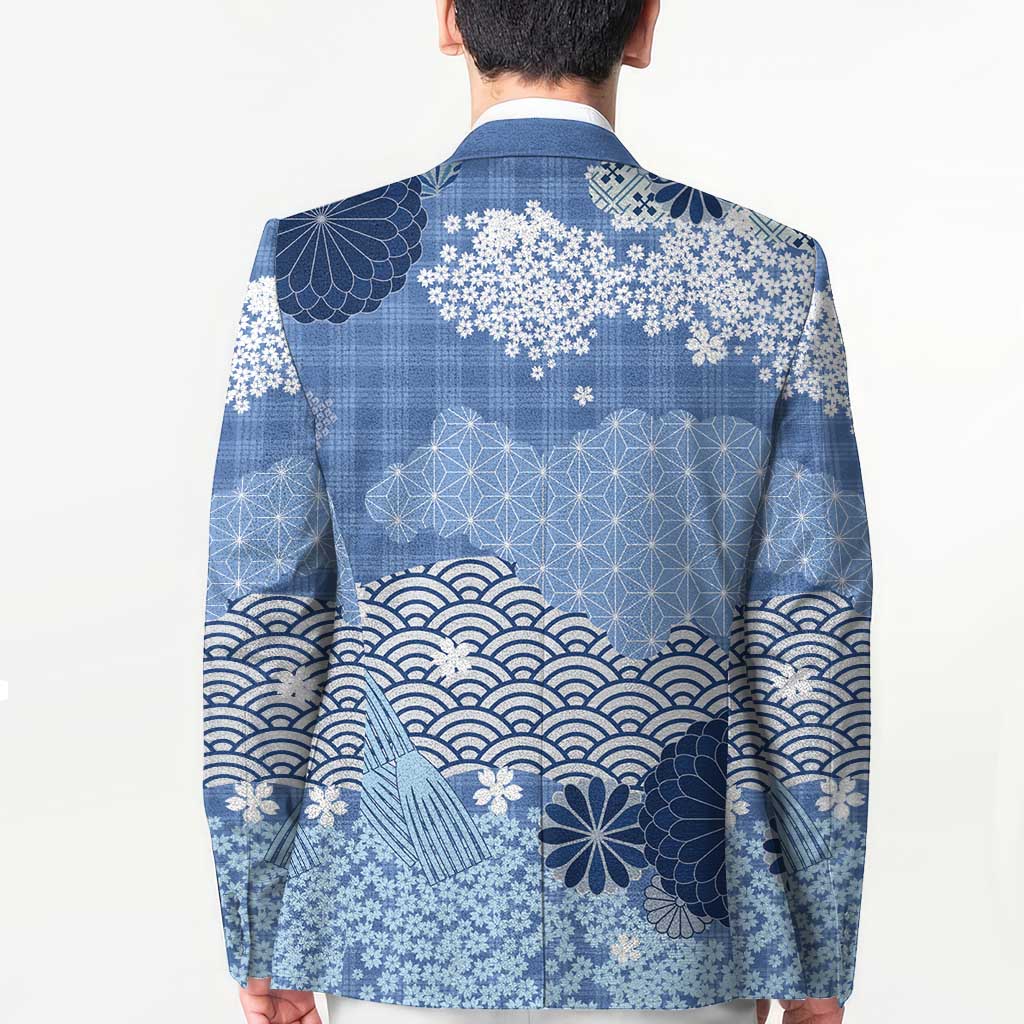 Blue Palaka Japanese Patterns Blazer Asanoha Seigaiha Sakura Motif - Polynesian Pride