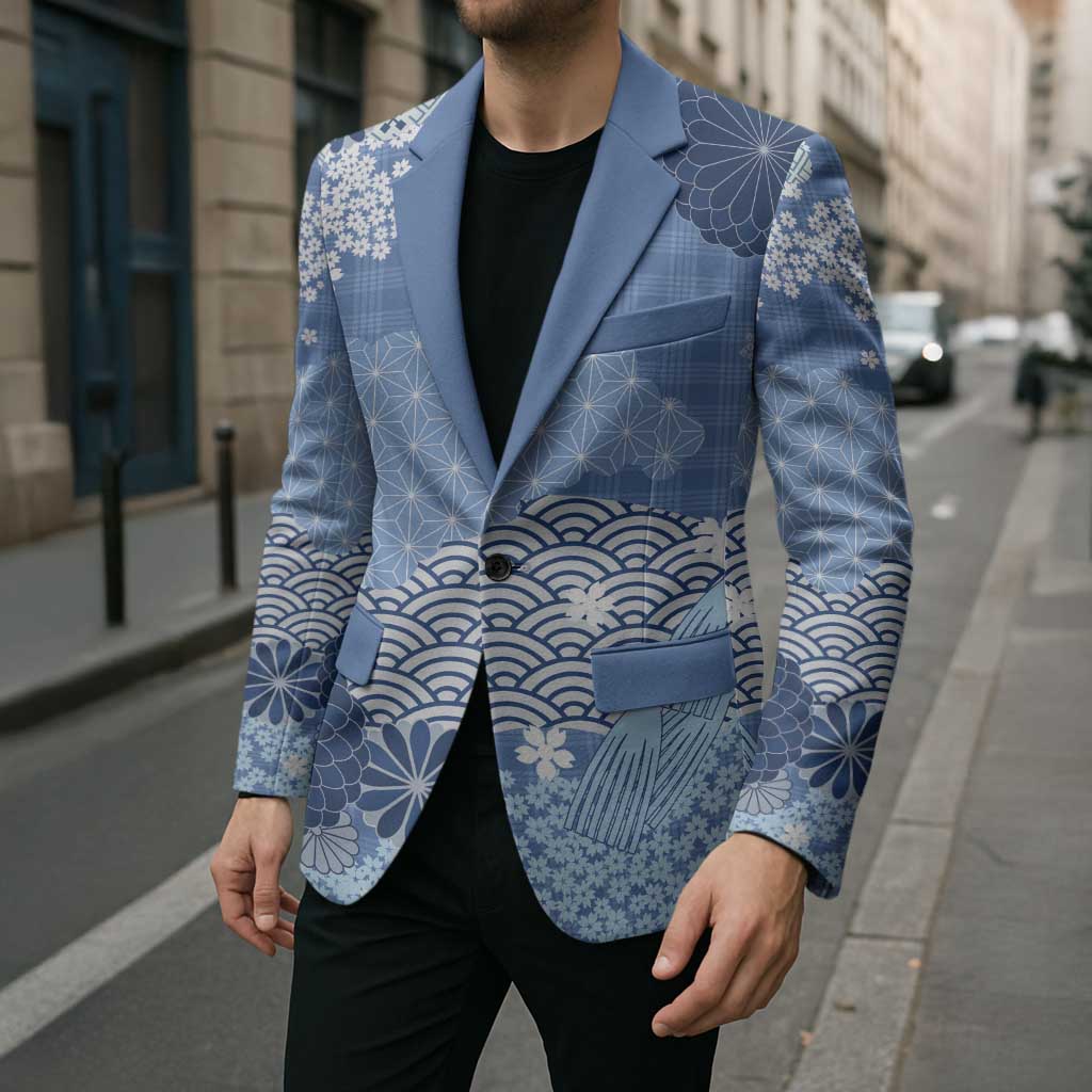 Blue Palaka Japanese Patterns Blazer Asanoha Seigaiha Sakura Motif - Polynesian Pride