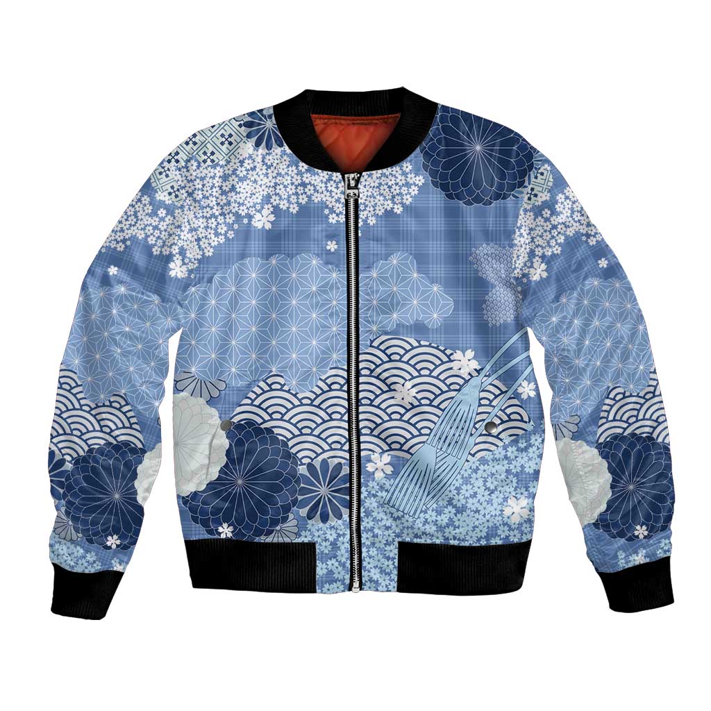 Blue Palaka Japanese Patterns Bomber Jacket Asanoha Seigaiha Sakura Motif - Polynesian Pride