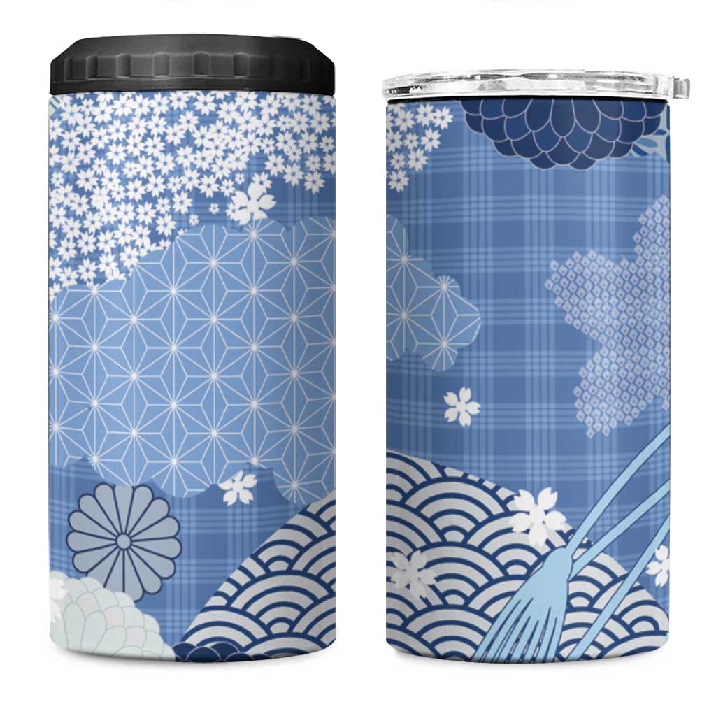 Blue Palaka Japanese Patterns 4 in 1 Can Cooler Tumbler Asanoha Seigaiha Sakura Motif - Polynesian Pride
