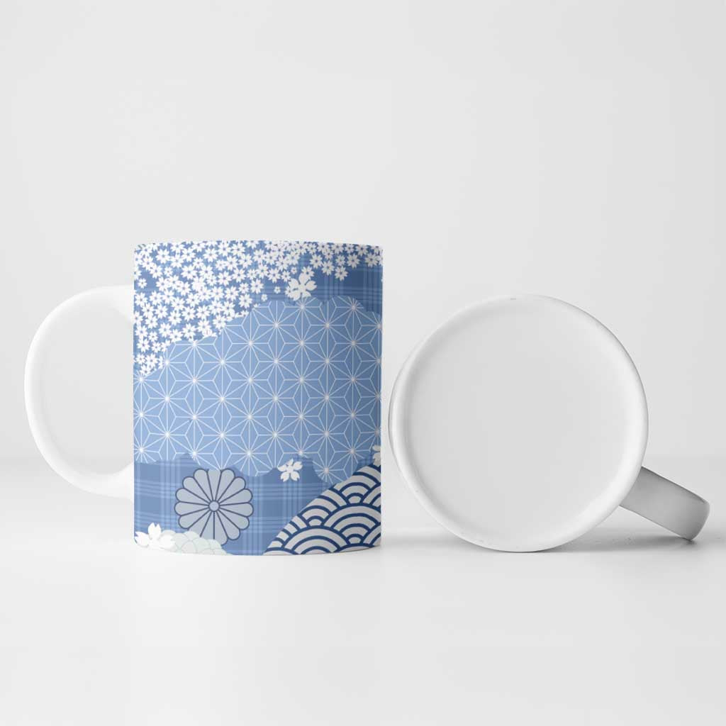 Blue Palaka Japanese Patterns Ceramic Mug Asanoha Seigaiha Sakura Motif - Polynesian Pride