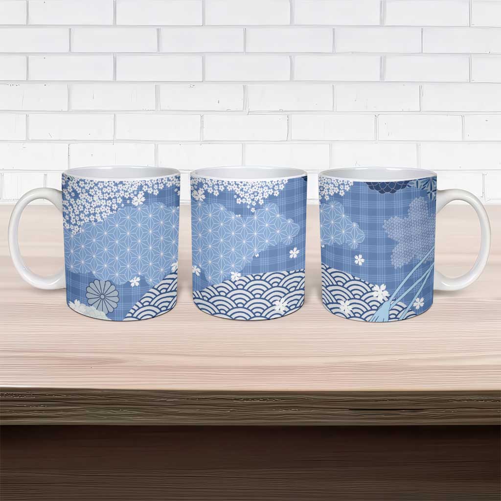Blue Palaka Japanese Patterns Ceramic Mug Asanoha Seigaiha Sakura Motif - Polynesian Pride