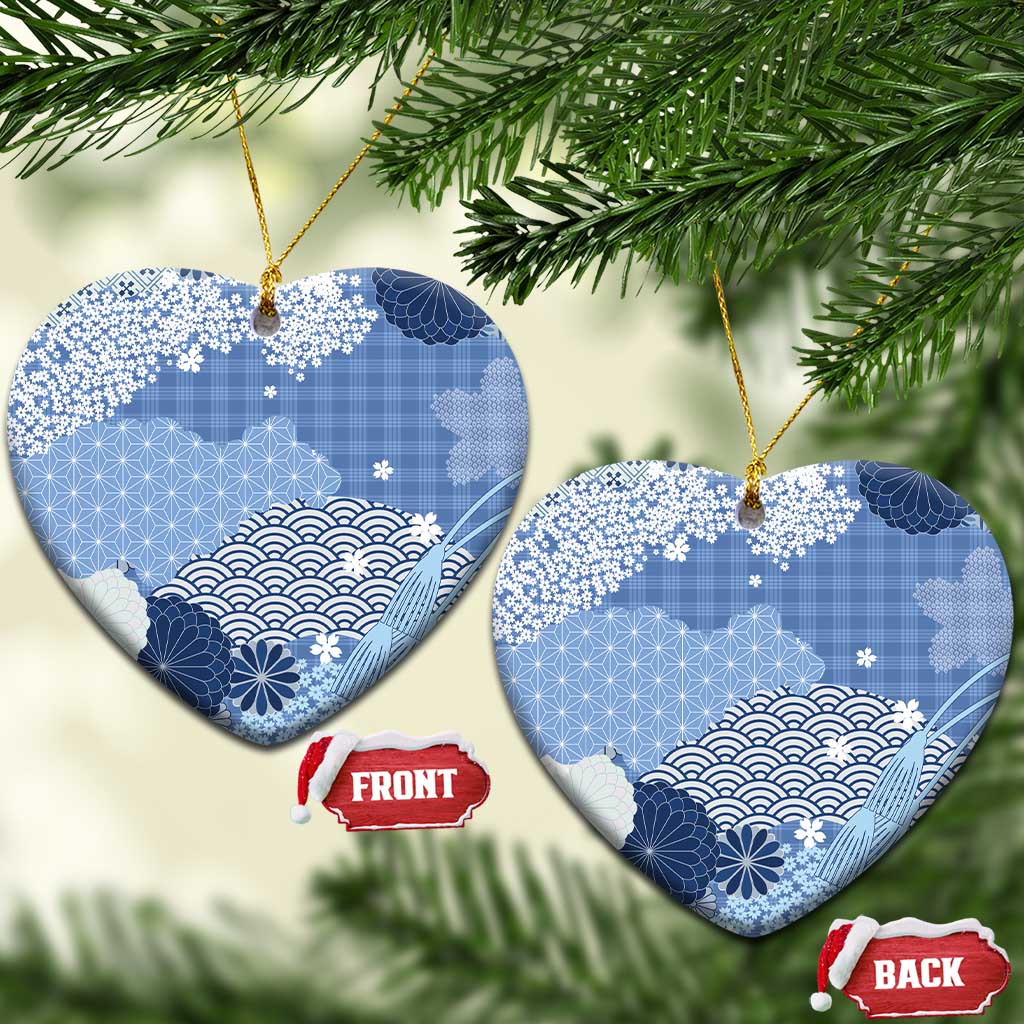 Blue Palaka Japanese Patterns Ceramic Ornament Asanoha Seigaiha Sakura Motif - Polynesian Pride