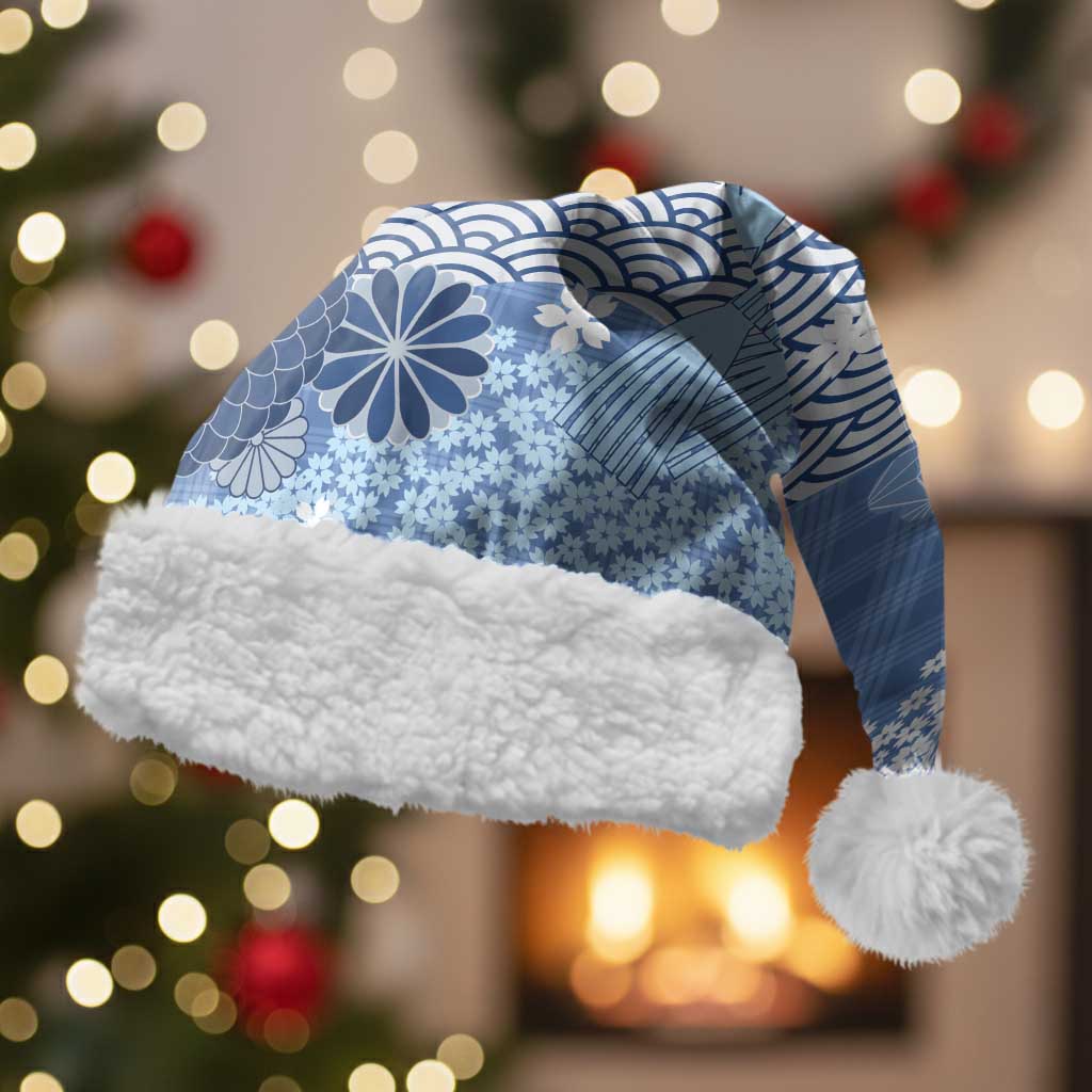 Blue Palaka Japanese Patterns Christmas Santa Hat Asanoha Seigaiha Sakura Motif - Polynesian Pride