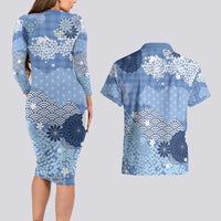 Blue Palaka Japanese Patterns Couples Matching Long Sleeve Bodycon Dress and Hawaiian Shirt Asanoha Seigaiha Sakura Motif LT14 - Polynesian Pride