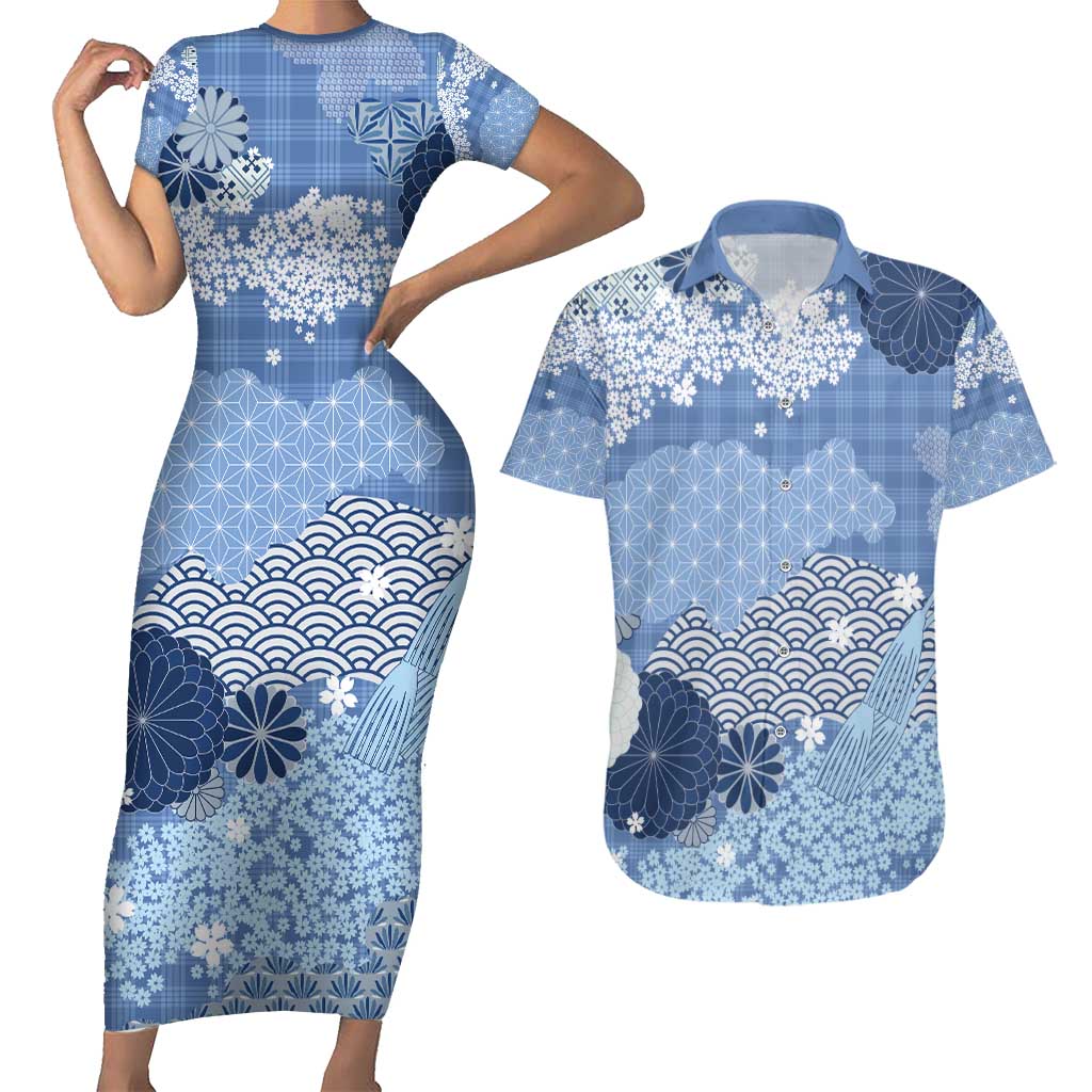 Blue Palaka Japanese Patterns Couples Matching Short Sleeve Bodycon Dress and Hawaiian Shirt Asanoha Seigaiha Sakura Motif LT14 Blue - Polynesian Pride